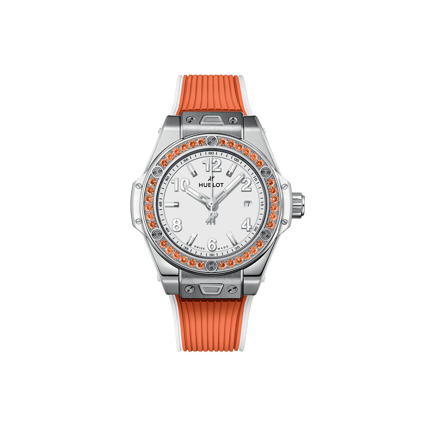 Unworn Hublot Big Bang One Click Joyful Steel Orange 33, 485.SO.2210.RX.1206, box and papers
