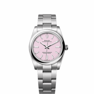 Unworn 2025, Rolex Oyster Perpetual, Oystersteel, 34mm, Candy pink dial, Domed Oyster, Ref# 124200-0009, box and papers