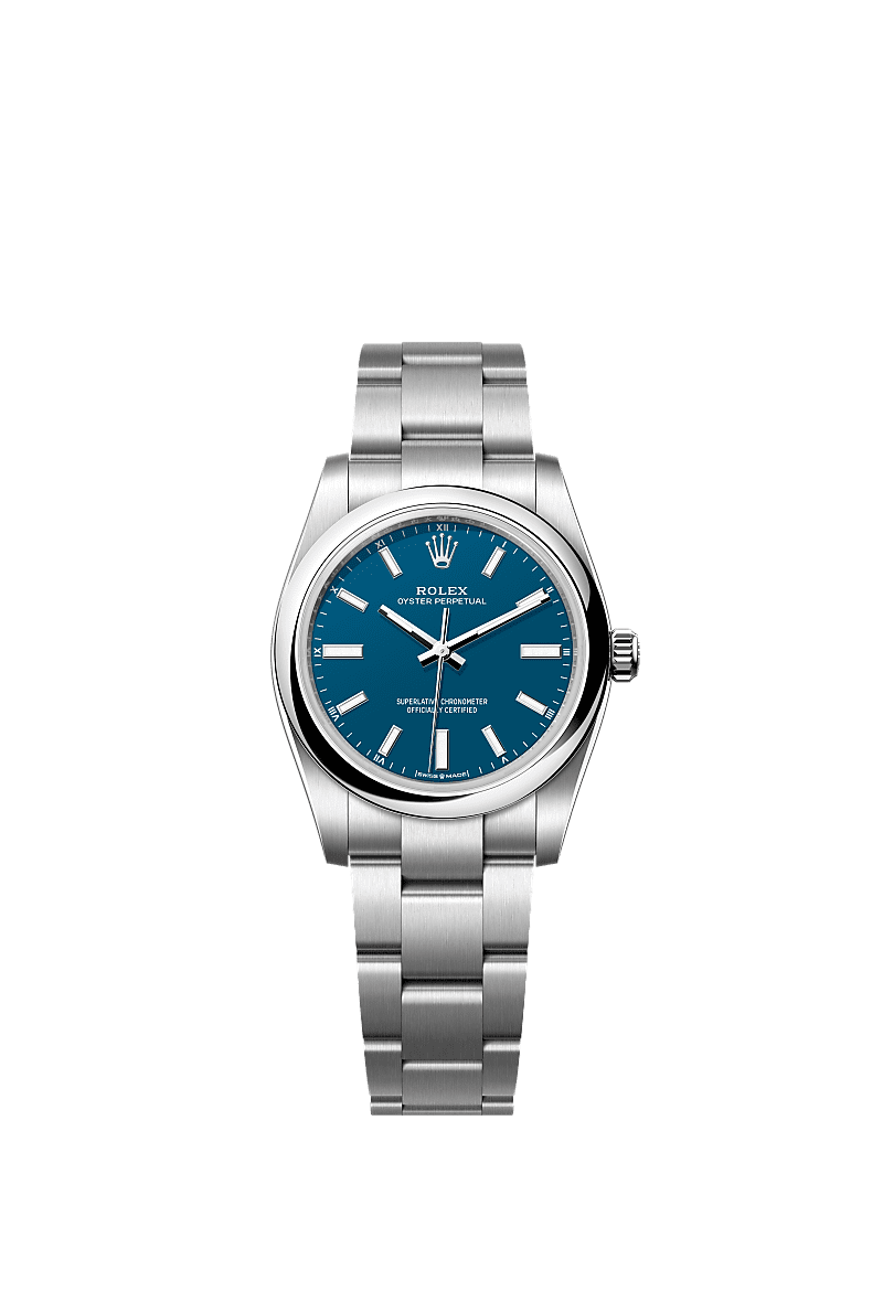 Unworn 2025, Rolex Oyster Perpetual, Oystersteel, 34mm, Blue dial, Domed Oyster, Ref# 124200-0011, box and papers