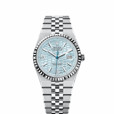Unworn 2025, Rolex Land-Dweller 36, Platinum, Ice blue dial, Fluted Flat Jubilee, Ref# 127236-0001, box and papers