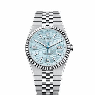 Unworn 2025, Rolex Land-Dweller 40, Platinum, Ice blue dial, Fluted Flat Jubilee, Ref# 127336-0001, box and papers