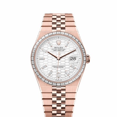 Unworn 2025, Rolex Land-Dweller 40, 18k Everose Gold and Diamonds, Intense white dial, Flat Jubilee, Ref# 127385tbr-0003, box and papers