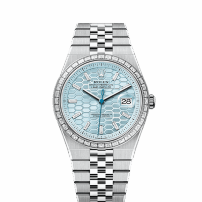 Unworn 2025, Rolex Land-Dweller 40, Platinum and Diamonds, Ice blue dial, Flat Jubilee, Ref# 127386tbr-0001, box and papers